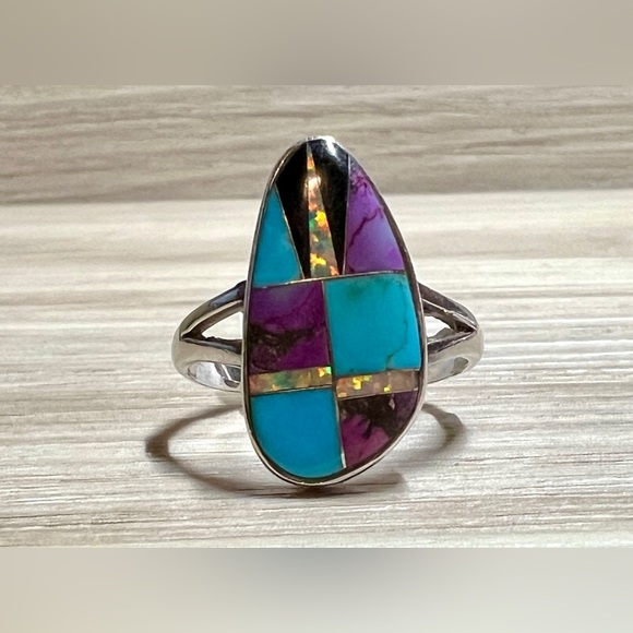 Vintage Native American Sterling Silver Turquoise Onyx & Opal Mosaic Inlay Ring - Picture 2 of 10